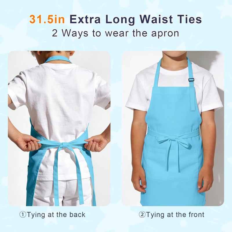 IAGBIBUI Kids Apron and Chef Hat Set, 16 Pieces Boys Girls Kids Apron with 2 Pockets Adjustable for Cooking Classroom Baking Painting, 6-13 Years, Bright Color - Image 3